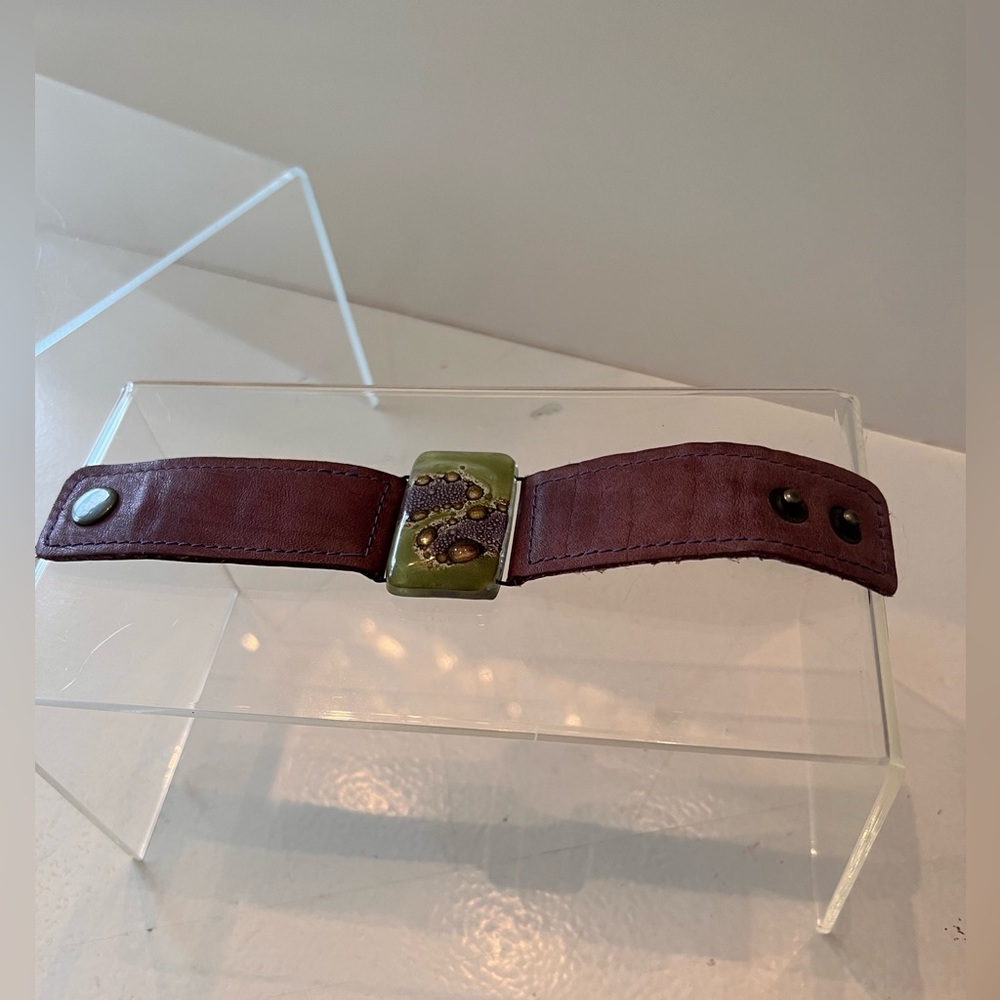 Artisian Created Handmade Glass Leather Cuff Womens Bracelet in Lilac and Green